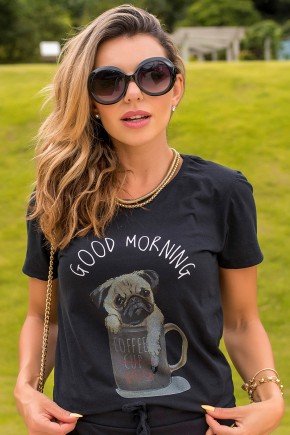 camiseta hiatto manga curta good morning pug cachorro dog xicara bom dia 2