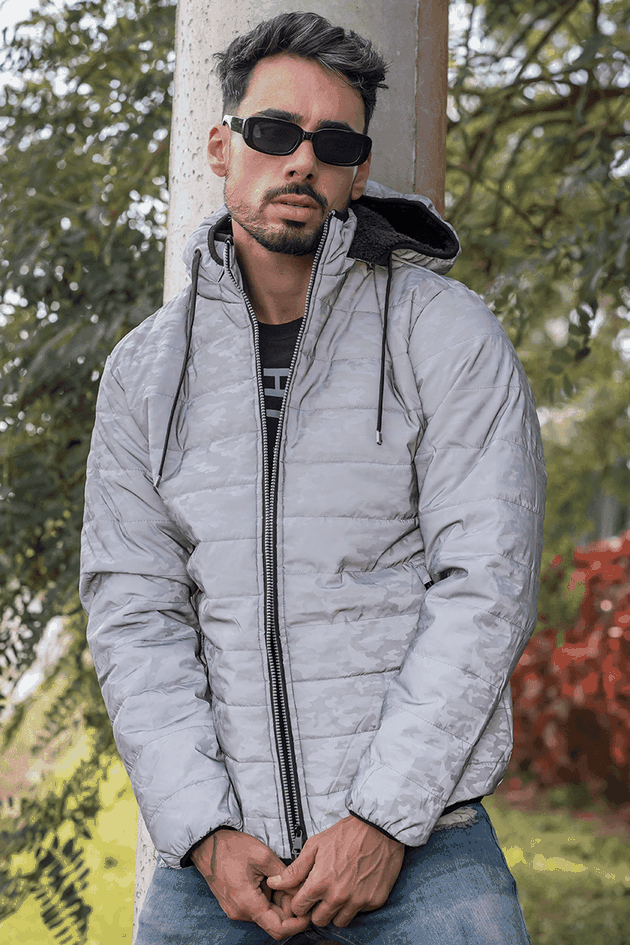 12m0010 36 casaco masculino nylon camuflado capuz removivel hiatto cinza 1